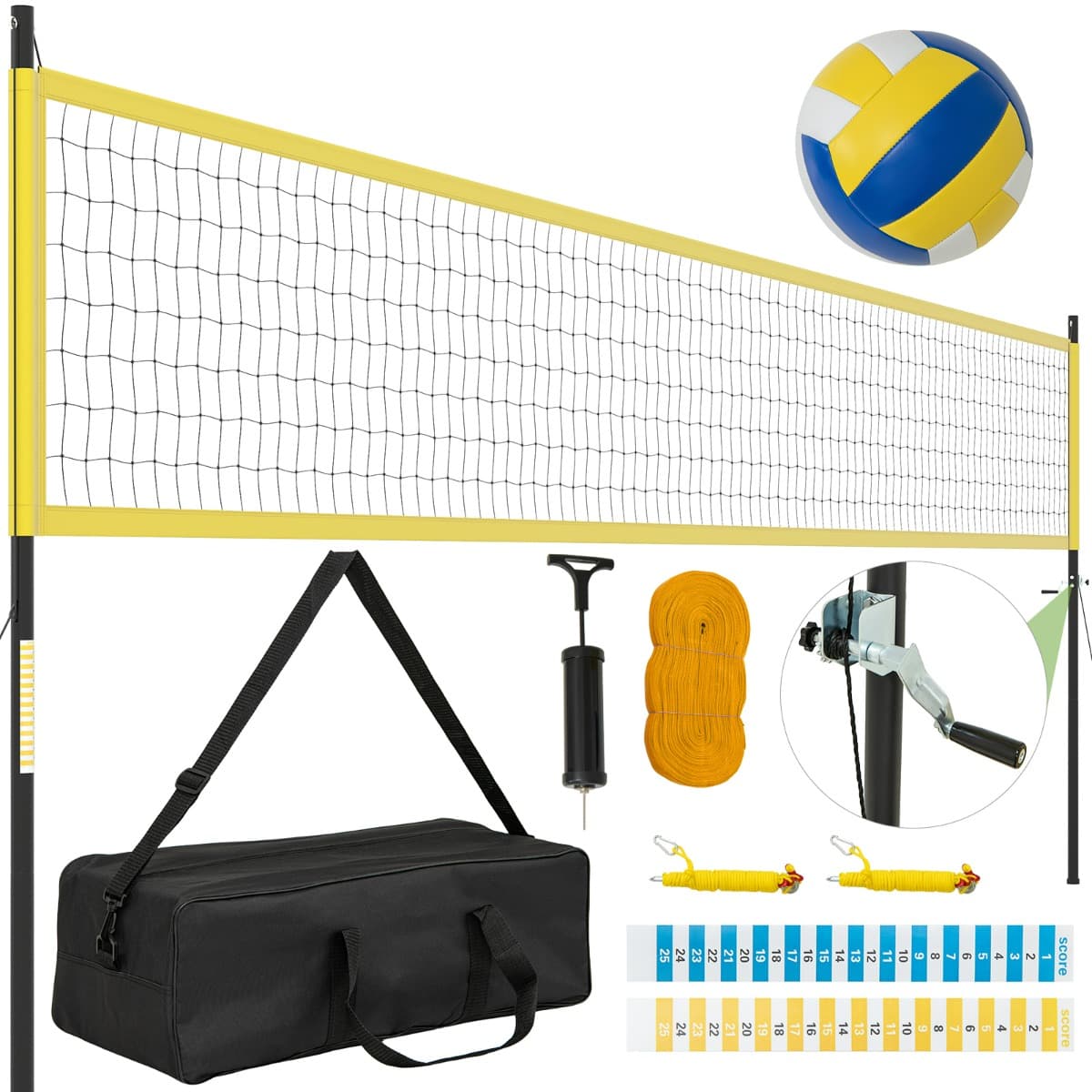 CostwayFilet de Volleyball Système de Filet de Volleyball avec Poteaux Réglables en Hauteur Tableaux de Score Pompe Ligne de Limite Jaune